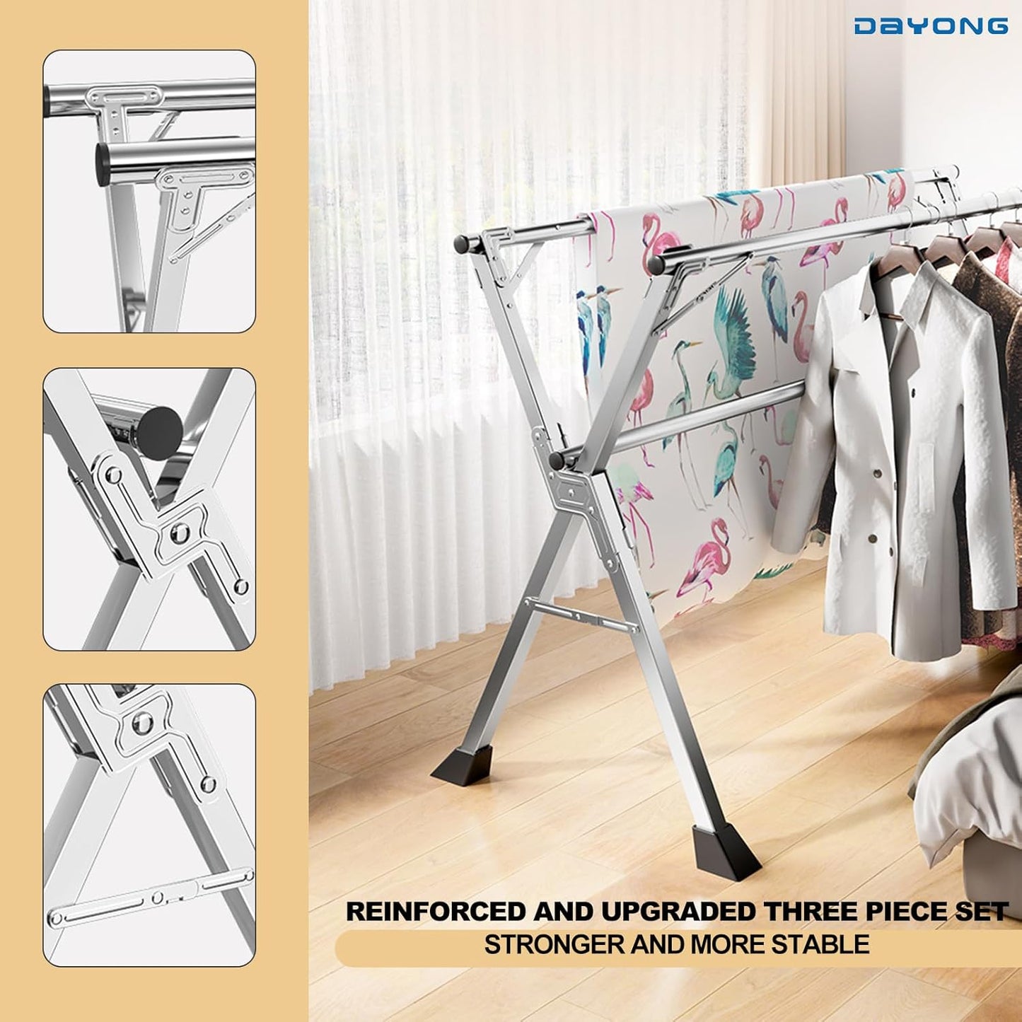 رف تجفيف الملابس القابل للطي والمصنوع من الفولاذ المقاوم للصدأ عالي التحمل مع قضبان ثلاثية قابلة للتعديل