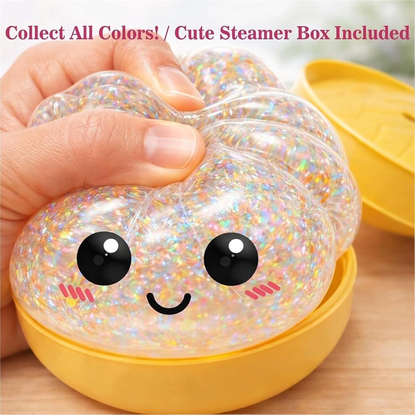 Glitter Dumpling Squishy Mystery Box, Surprise Fidget Set with Bamboo Steamer, Soft Squeeze Bun Kawaii Desk Pets for Office Stress Relief