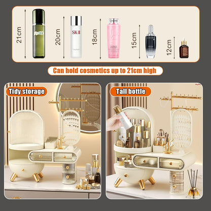 منظم مكياج مع مرآة LED، علبة عرض لتخزين مستحضرات التجميل بسعة كبيرة 
