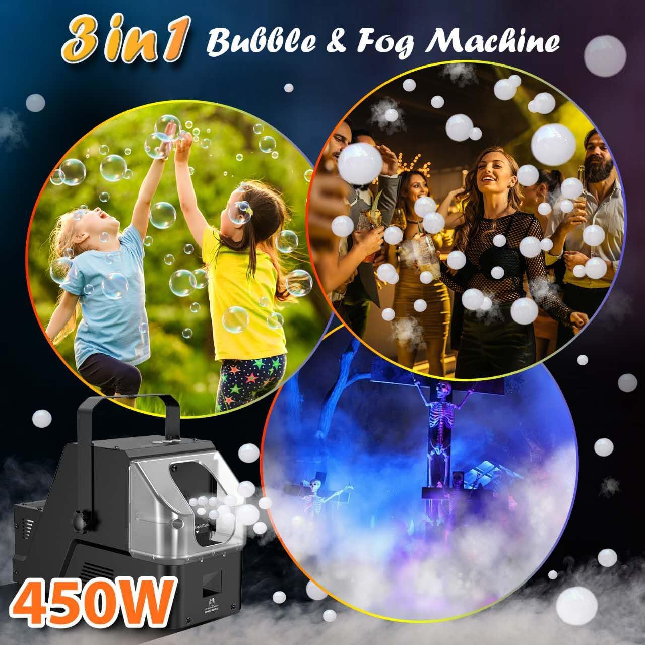 Fog Bubble Machine 450W with Timer Settings and Wireless Remote Control for Indoor Outdoor Birthday - Wedding - Christmas Party and Halloween