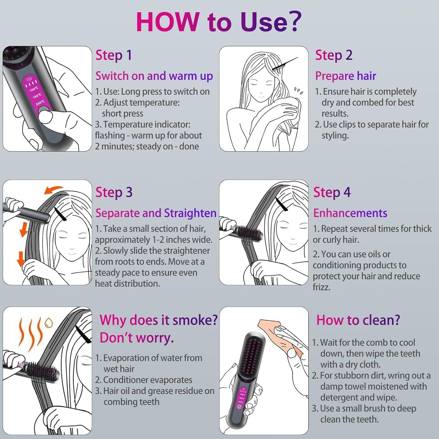 DSP Cordless Hair Straightener Brush, Portable Straightening Brush for Travel