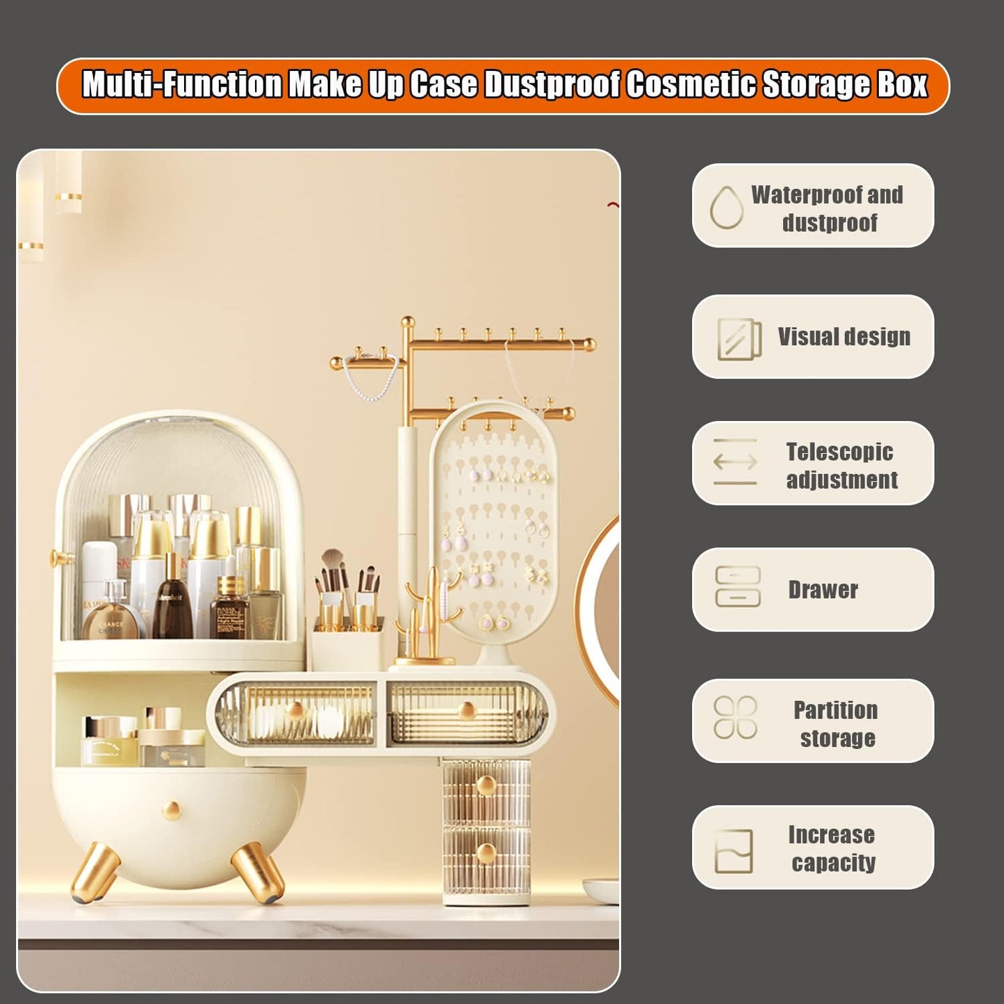 منظم مكياج مع مرآة LED، علبة عرض لتخزين مستحضرات التجميل بسعة كبيرة 