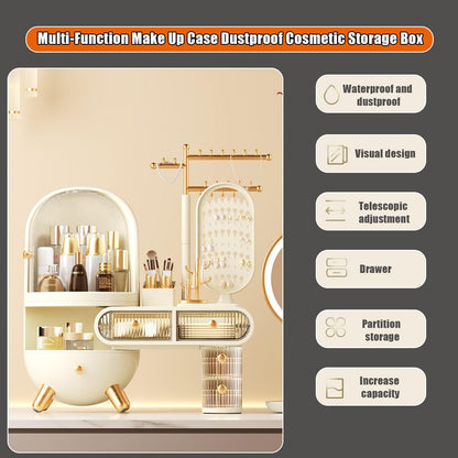 منظم مكياج مع مرآة LED، علبة عرض لتخزين مستحضرات التجميل بسعة كبيرة 