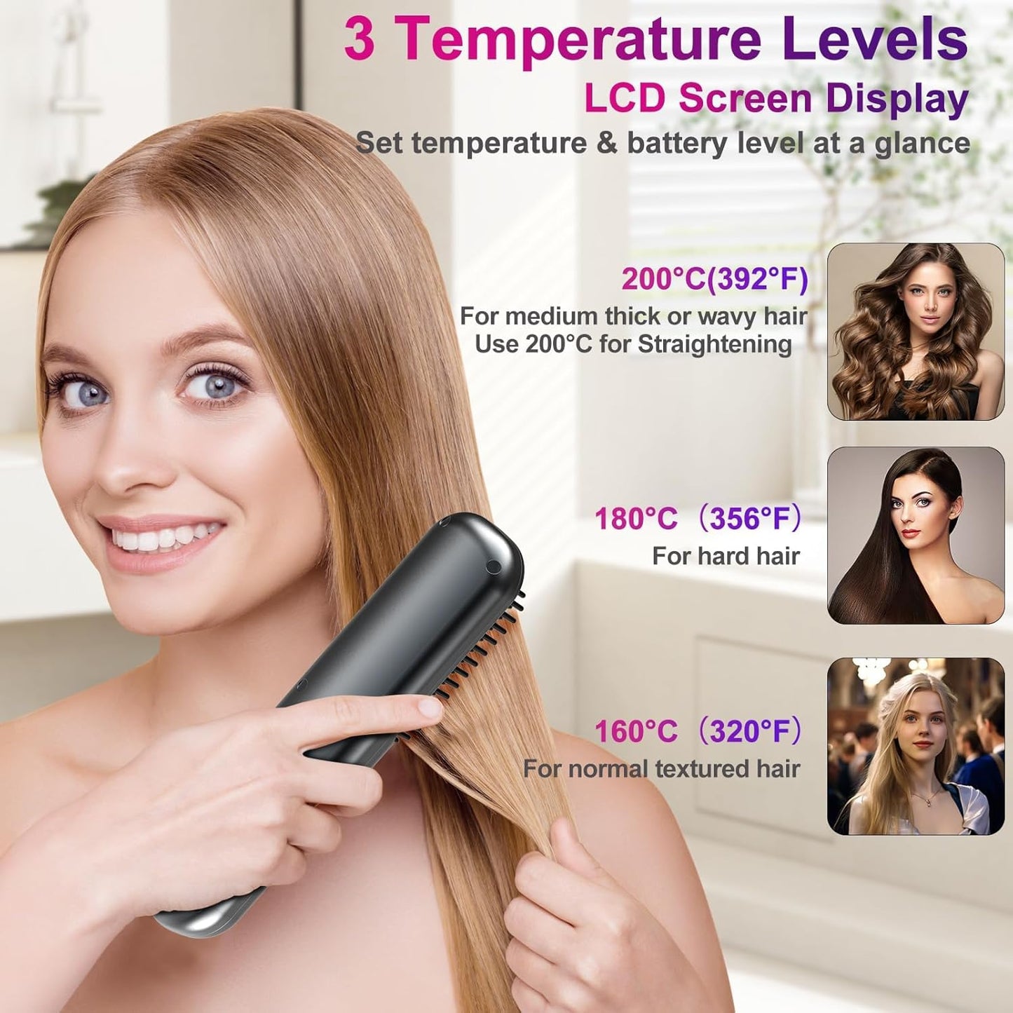 DSP Cordless Hair Straightener Brush, Portable Straightening Brush for Travel