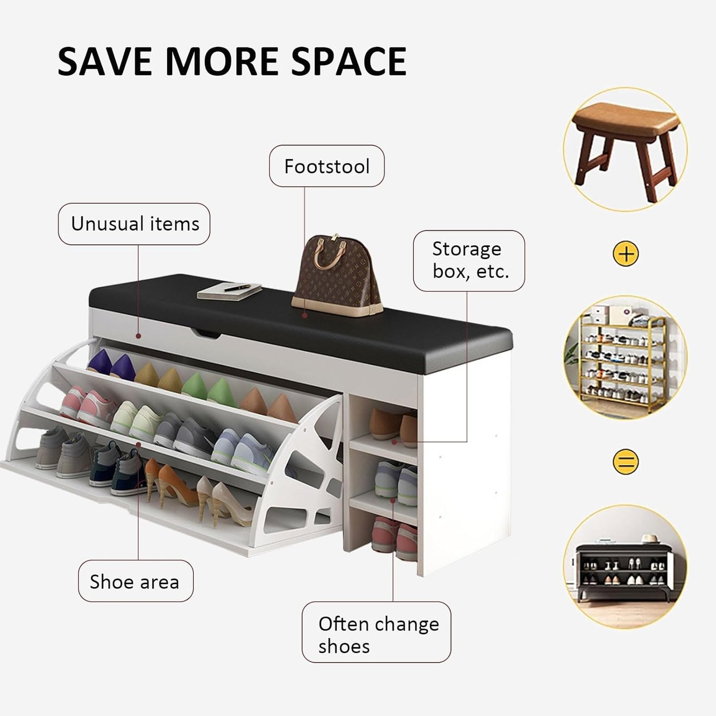 Shoe Rack Bench With Seat | Shoe Rack Shoe Cabinet with Leather Seat and Flip Drawer