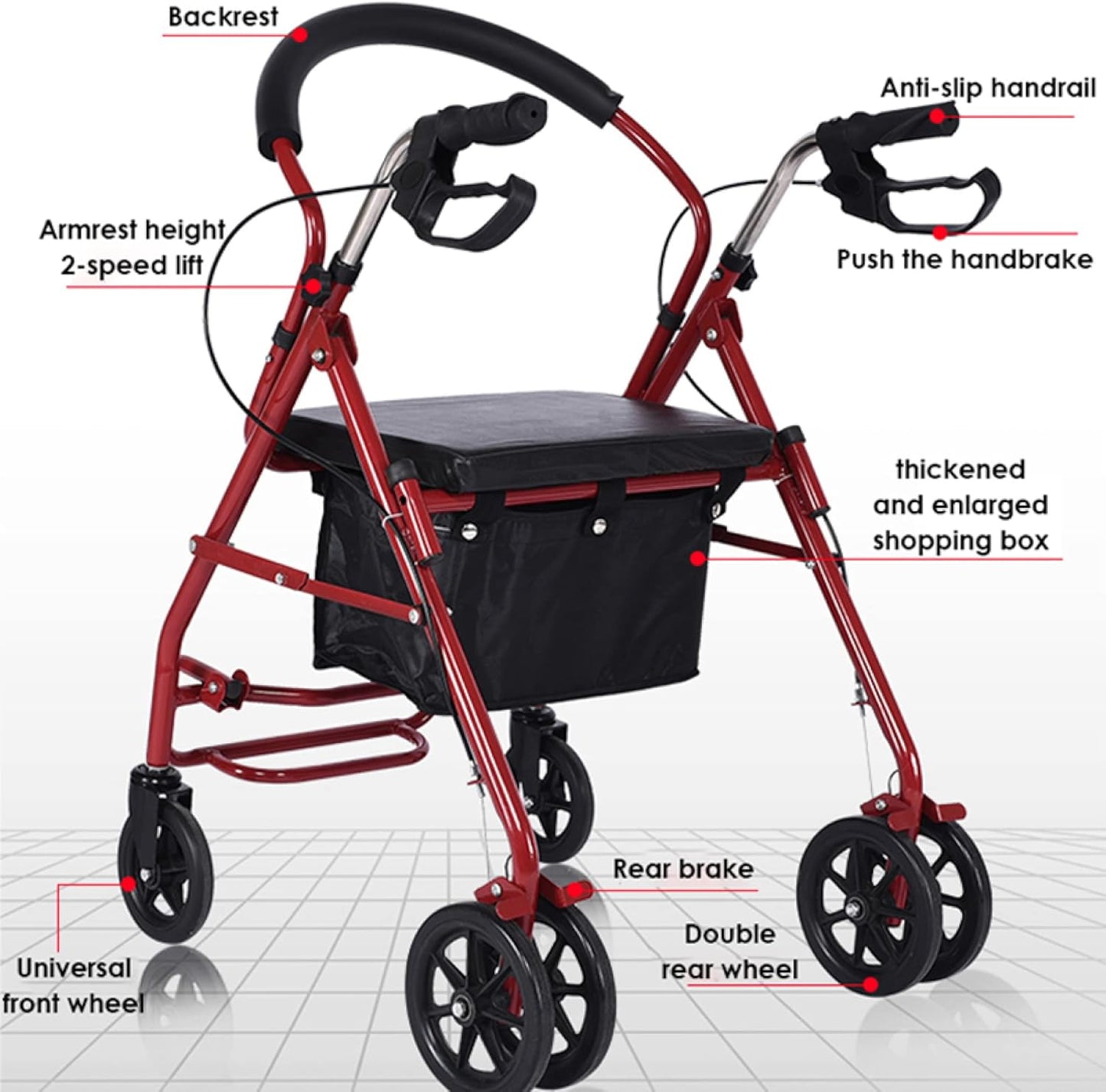 Folding Four Wheel Rollator, Lightweight Mobility Walker with Seat & Carry Bag