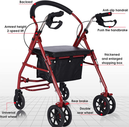 Folding Four Wheel Rollator, Lightweight Mobility Walker with Seat & Carry Bag