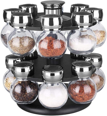 16-Jar Revolving Countertop Spice Rack Organizer - Pre-Filled Glass Jars