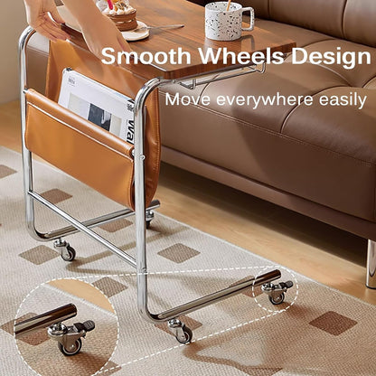 طاولة جانبية للأريكة، طاولة جانبية للأريكة على شكل حرف C مع عجلات (غرفة المعيشة، غرفة النوم، بجانب السرير) 