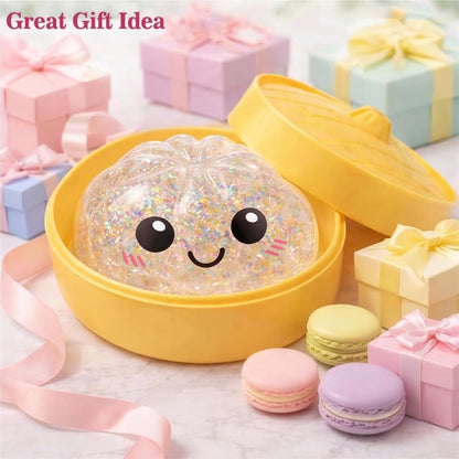 Glitter Dumpling Squishy Mystery Box, Surprise Fidget Set with Bamboo Steamer, Soft Squeeze Bun Kawaii Desk Pets for Office Stress Relief