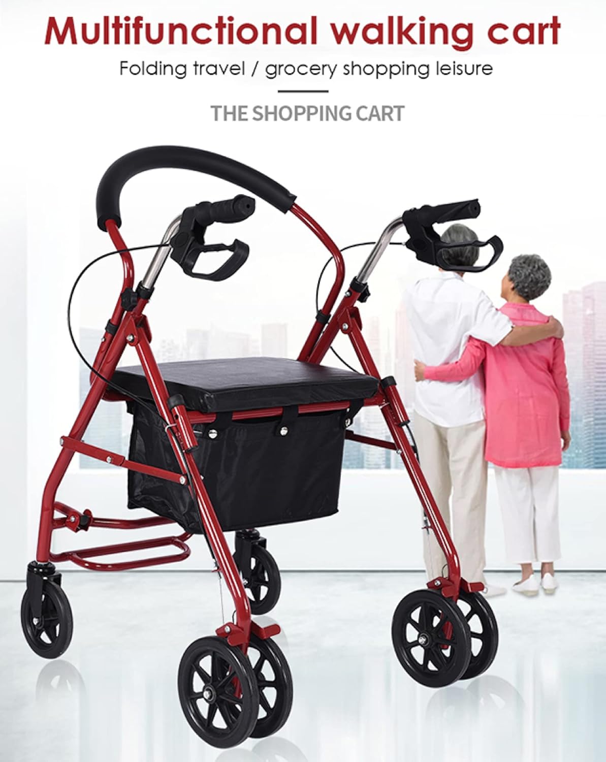 Folding Four Wheel Rollator, Lightweight Mobility Walker with Seat & Carry Bag