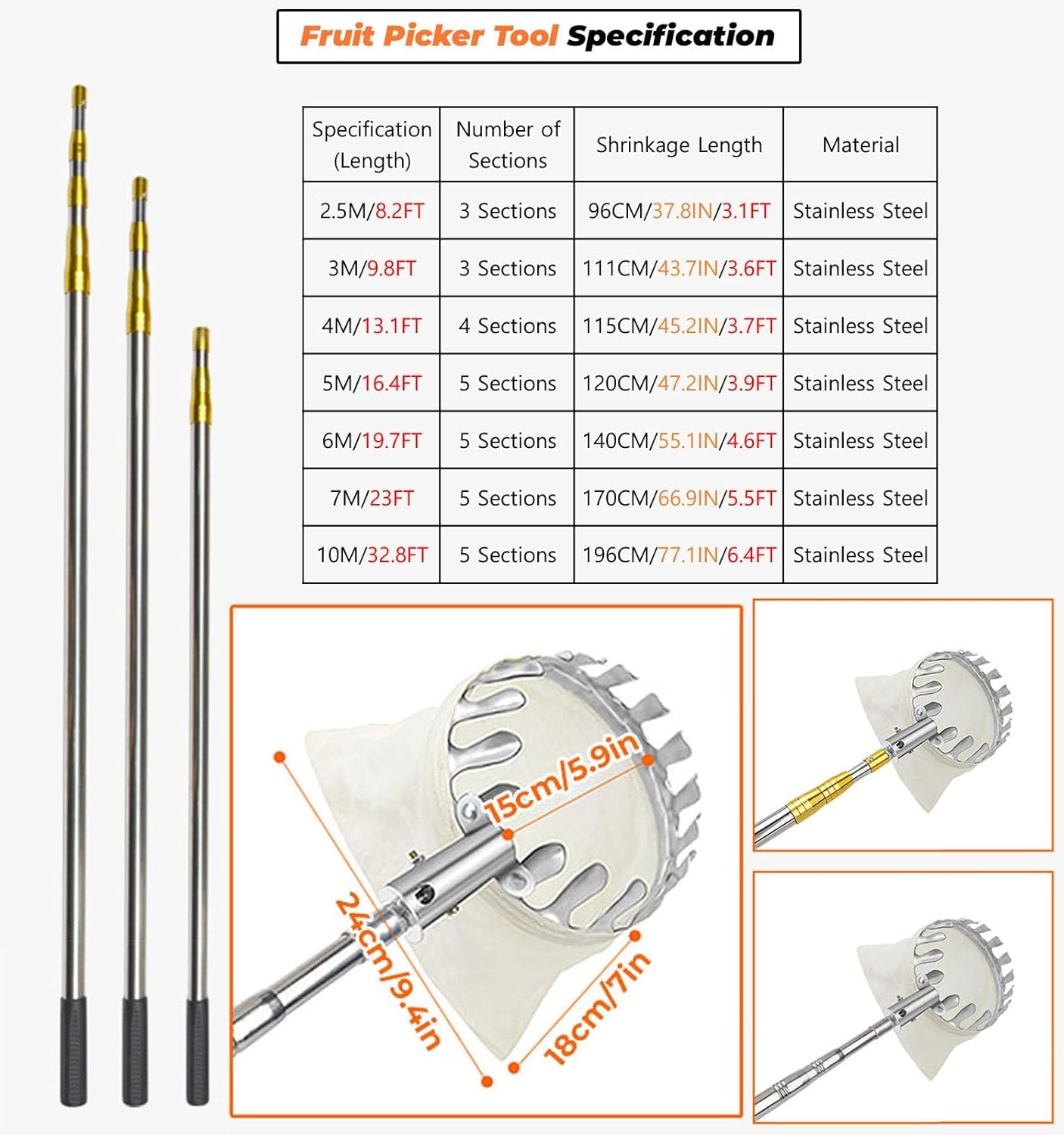 منتقي فواكه تلسكوبي من الفولاذ المقاوم للصدأ مع سلة ناعمة