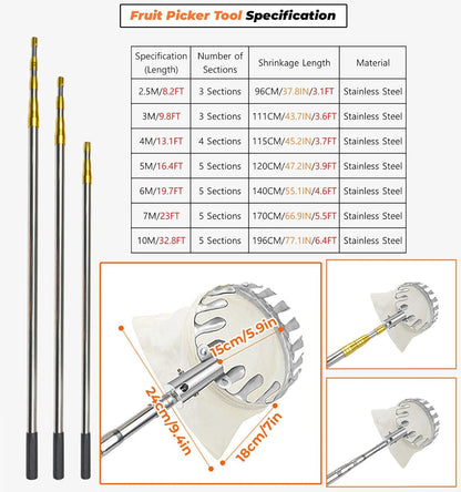 منتقي فواكه تلسكوبي من الفولاذ المقاوم للصدأ مع سلة ناعمة