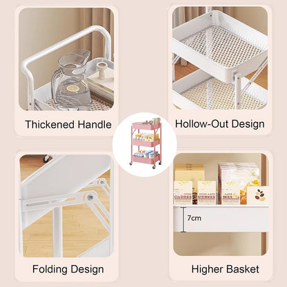 عربة مطبخ، بعجلات، 3 طبقات، قابلة للطي، رف فولاذي 