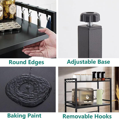 3-Tier Expandable Microwave Oven Rack - Adjustable Kitchen Countertop Organizer with Hooks & Cutting Board Holder