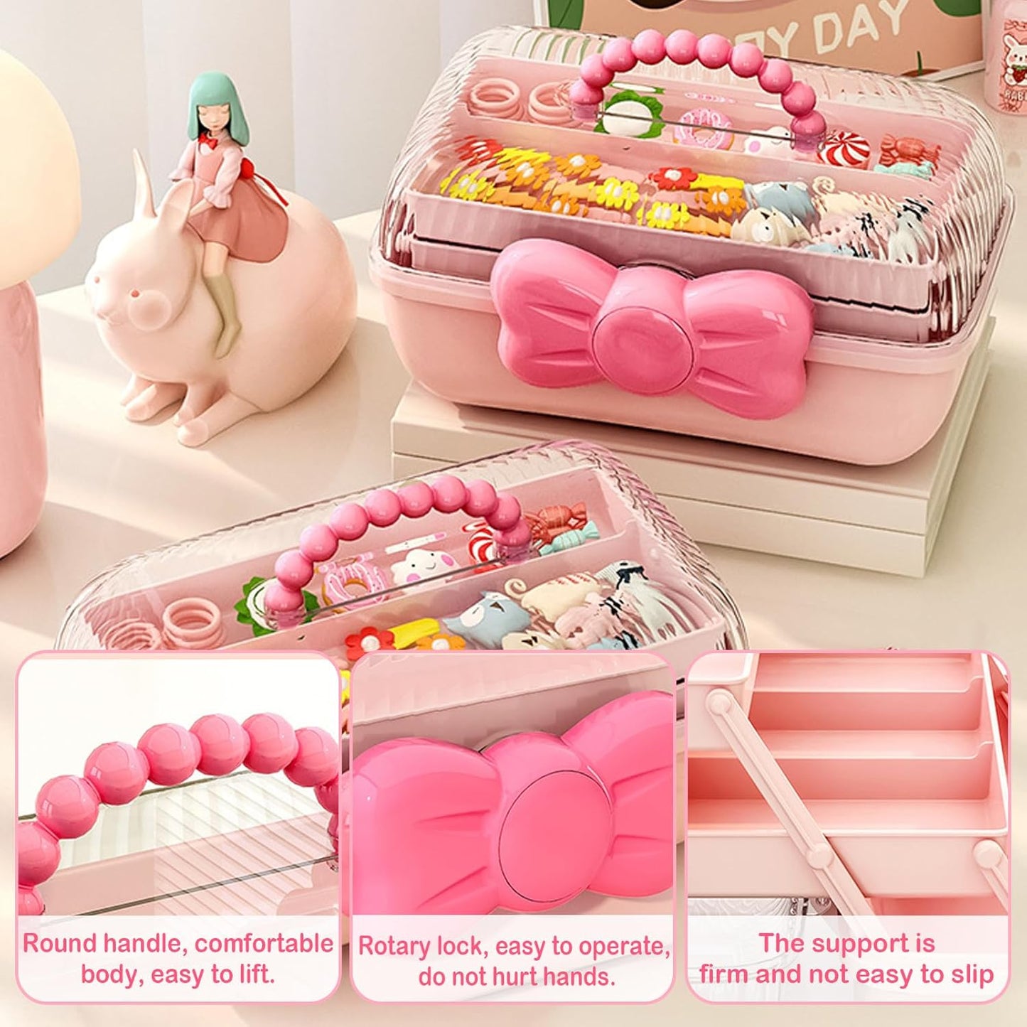 صندوق تخزين متعدد الأغراض مكون من 3 طبقات، صندوق أدوات إكسسوارات شعر لطيفة للفتيات (صندوق فقط) 