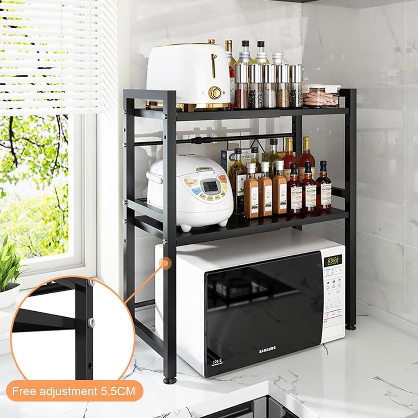 3-Tier Expandable Microwave Oven Rack - Adjustable Kitchen Countertop Organizer with Hooks & Cutting Board Holder