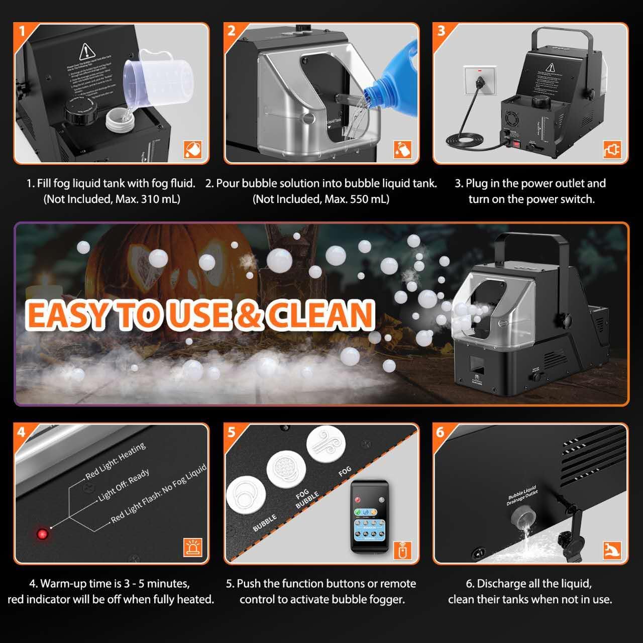 Fog Bubble Machine 450W with Timer Settings and Wireless Remote Control for Indoor Outdoor Birthday - Wedding - Christmas Party and Halloween