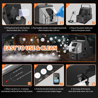 Fog Bubble Machine 450W with Timer Settings and Wireless Remote Control for Indoor Outdoor Birthday - Wedding - Christmas Party and Halloween