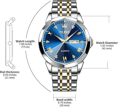OLEVS Watch for Men Diamond Business Dress Analog Quartz Stainless Steel Waterproof Luminous Date Two Tone Luxury Casual Wrist Watch