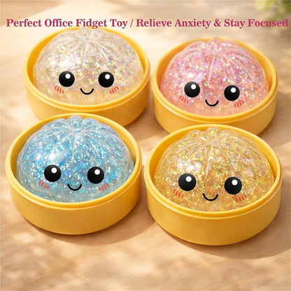 Glitter Dumpling Squishy Mystery Box, Surprise Fidget Set with Bamboo Steamer, Soft Squeeze Bun Kawaii Desk Pets for Office Stress Relief
