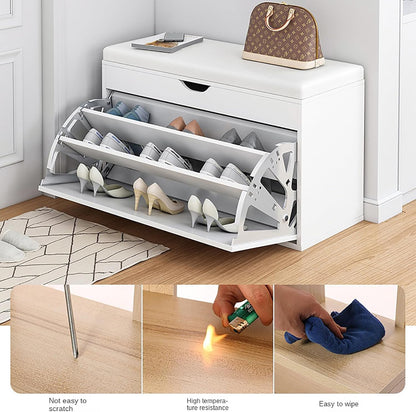 Shoe Rack Bench With Seat | Shoe Rack Shoe Cabinet with Leather Seat and Flip Drawer