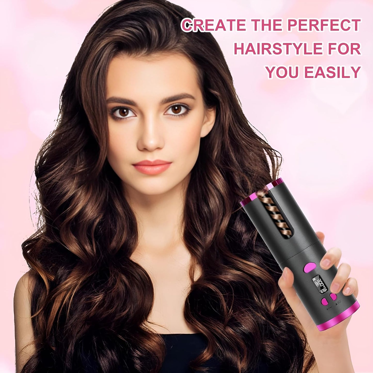 Cordless Automatic Hair Curler – Portable Ceramic Rotating Curling Iron with 6 Temperature & Timer Settings – Wireless Auto Curling Wand for Effortless Styling