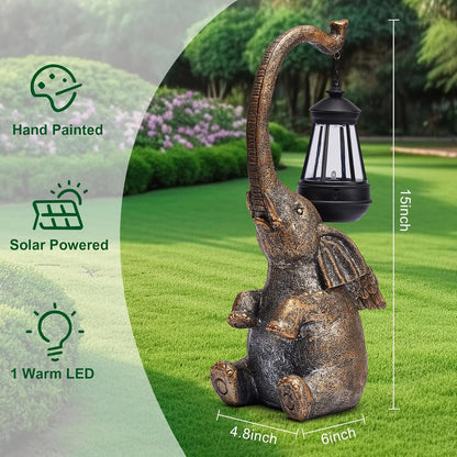 Solar Garden Statue 15'' Elephant Figurine Outdoor Decor LED Lights for Outside