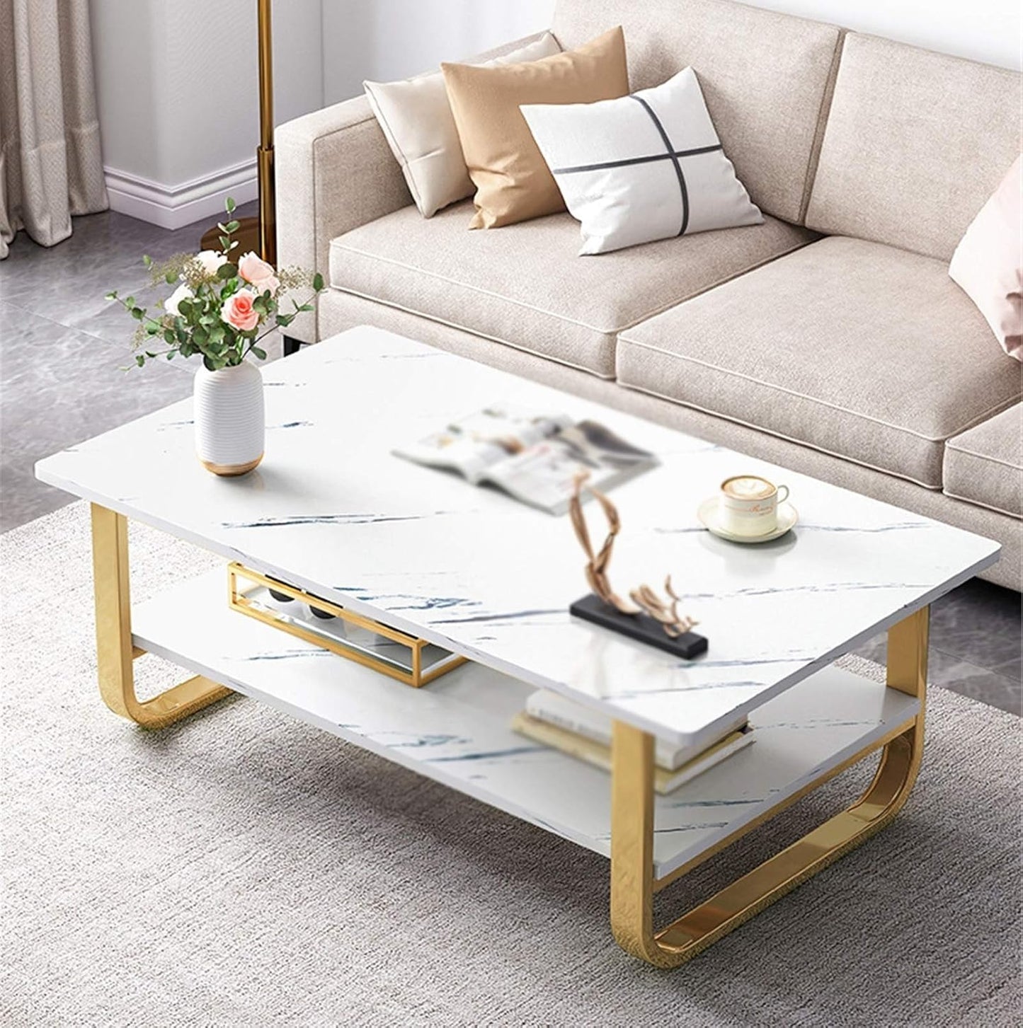 2-Tier Coffee Table Center Marble Veneer Wood Coffee Table