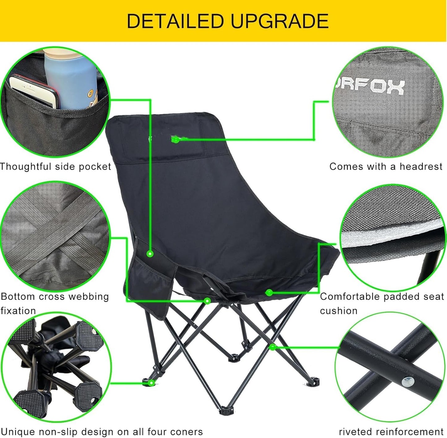 Portable Folding Camping Chair with High Back Upholstered Side Pocket Headrest