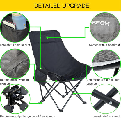 Portable Folding Camping Chair with High Back Upholstered Side Pocket Headrest