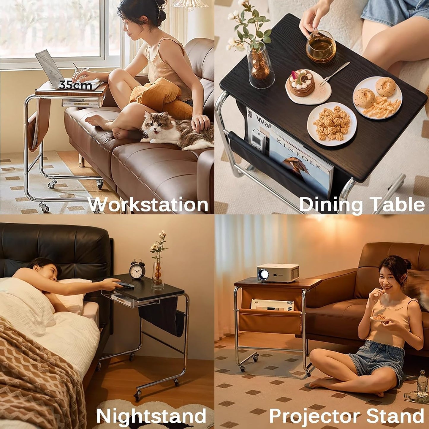 طاولة جانبية للأريكة، طاولة جانبية للأريكة على شكل حرف C مع عجلات (غرفة المعيشة، غرفة النوم، بجانب السرير) 