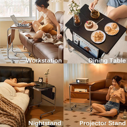 طاولة جانبية للأريكة، طاولة جانبية للأريكة على شكل حرف C مع عجلات (غرفة المعيشة، غرفة النوم، بجانب السرير) 