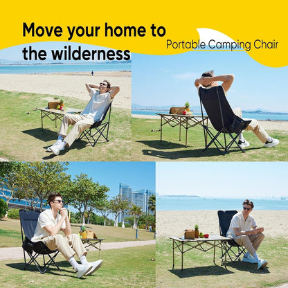 Portable Folding Camping Chair with High Back Upholstered Side Pocket Headrest