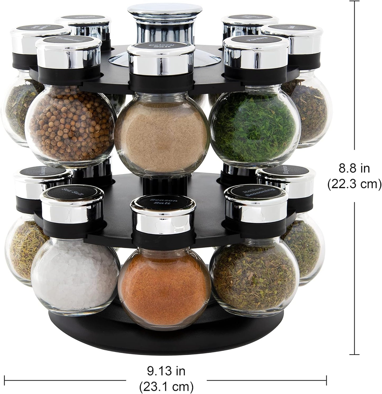 16-Jar Revolving Countertop Spice Rack Organizer - Pre-Filled Glass Jars