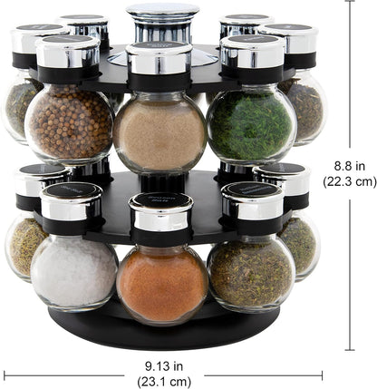 16-Jar Revolving Countertop Spice Rack Organizer - Pre-Filled Glass Jars