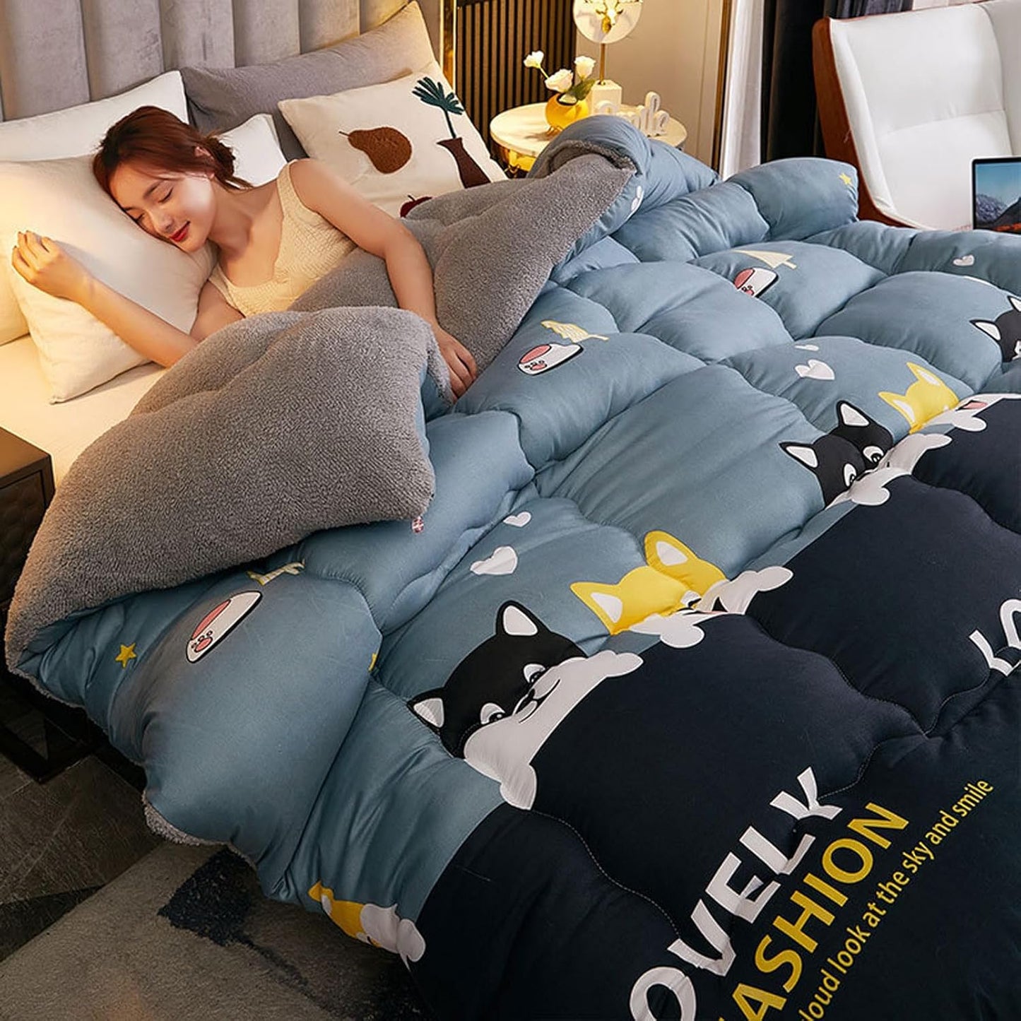 Sherpa Fleece Comforter, Fluffy Plush Breathable Warm Quilt