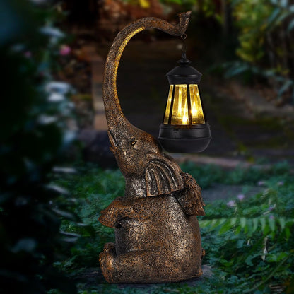 Solar Garden Statue 15'' Elephant Figurine Outdoor Decor LED Lights for Outside