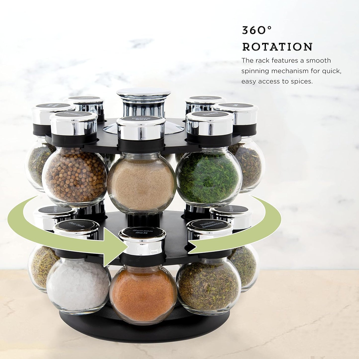 16-Jar Revolving Countertop Spice Rack Organizer - Pre-Filled Glass Jars