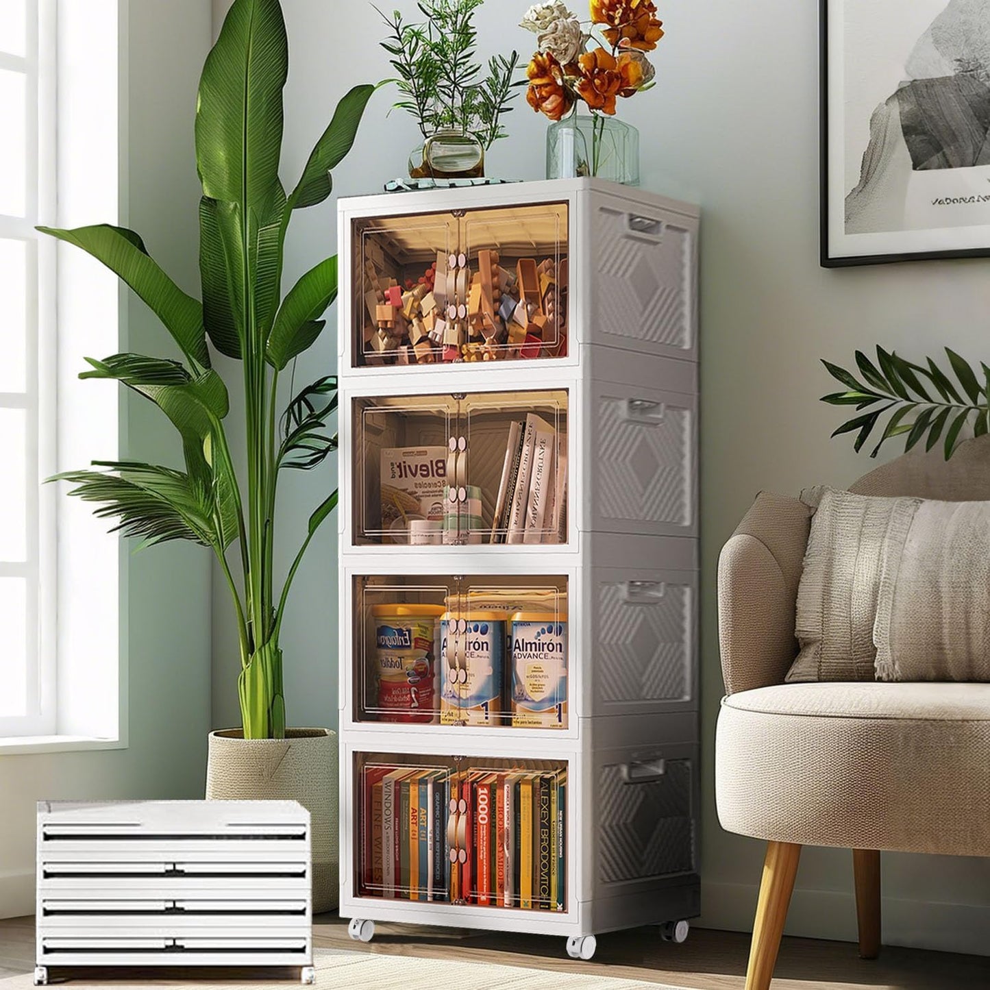 Plastic Storage Cabinets with Wheels, 4 x 63L Room Organizer