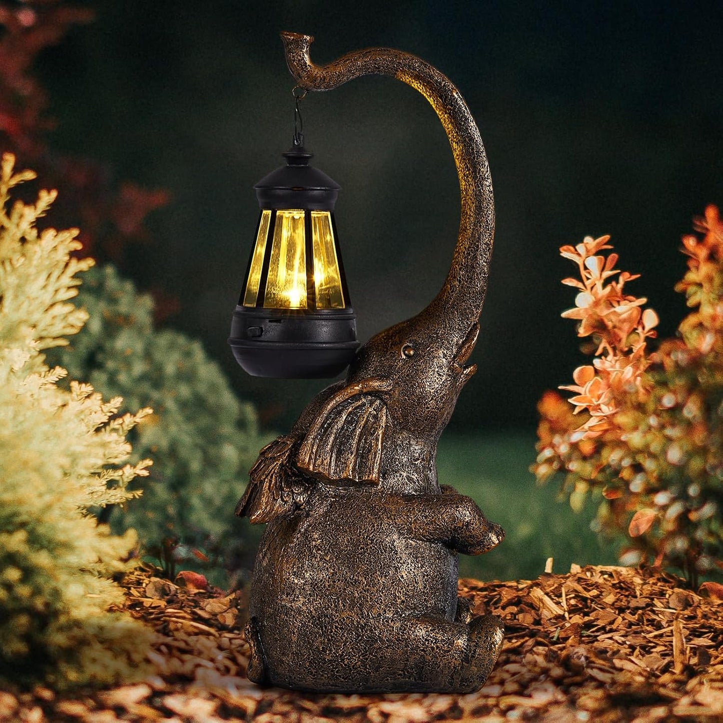 Solar Garden Statue 15'' Elephant Figurine Outdoor Decor LED Lights for Outside