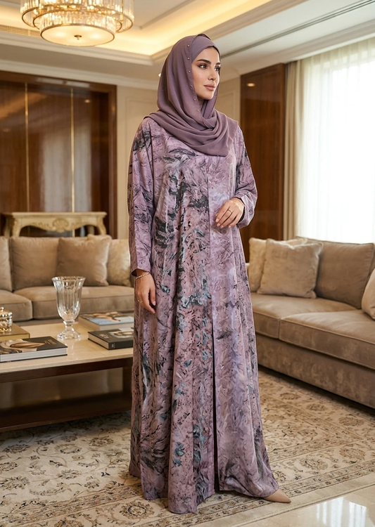 Lavender Marble Print Contemporary Dubai Style Maxi Abaya for Women