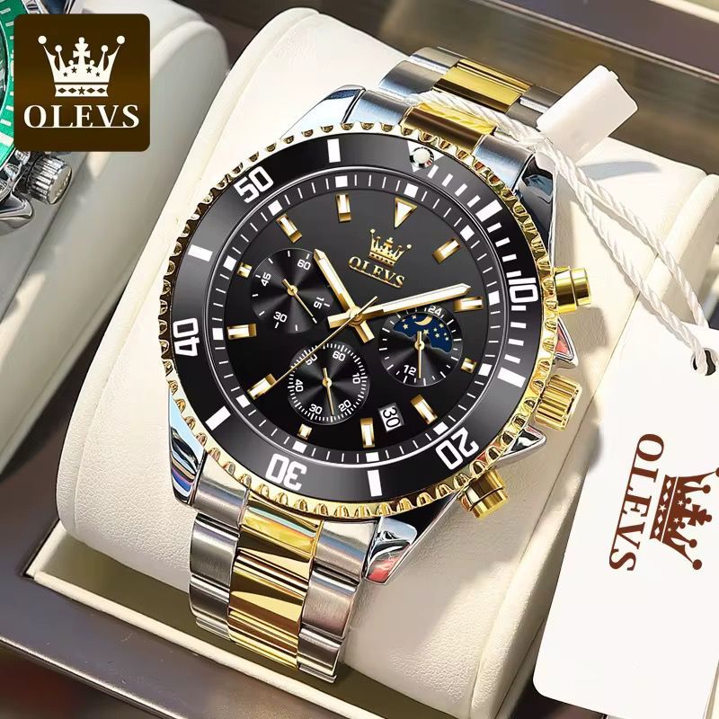 OLEVS Watch for Men Chronograph Business Diver Quartz | Black & Gold