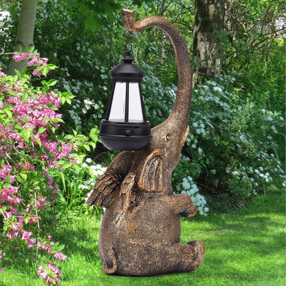 Solar Garden Statue 15'' Elephant Figurine Outdoor Decor LED Lights for Outside