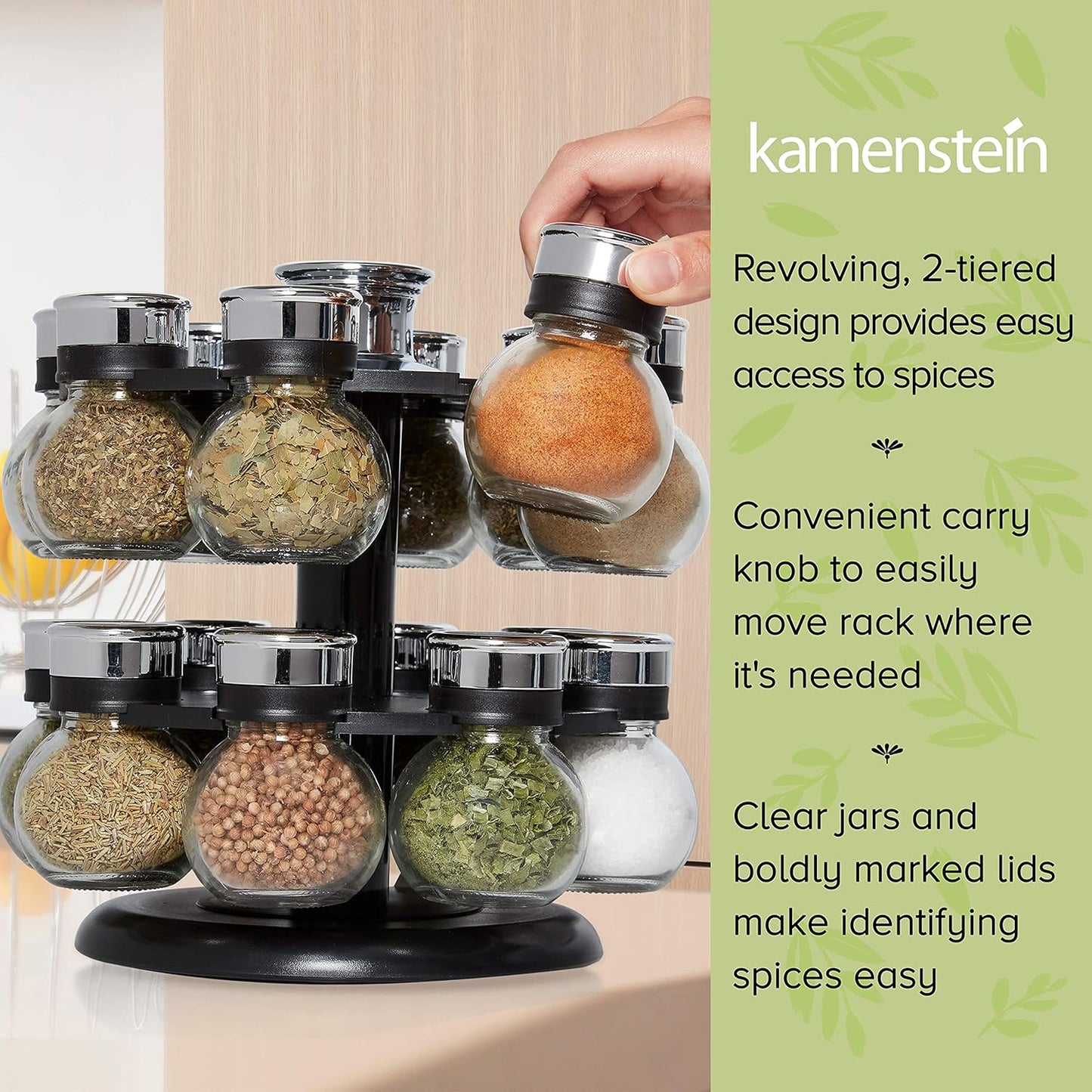 16-Jar Revolving Countertop Spice Rack Organizer - Pre-Filled Glass Jars