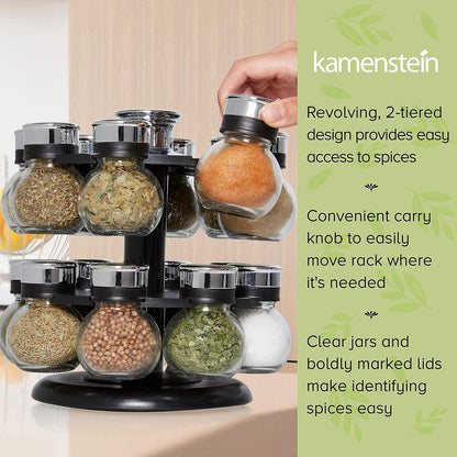16-Jar Revolving Countertop Spice Rack Organizer - Pre-Filled Glass Jars