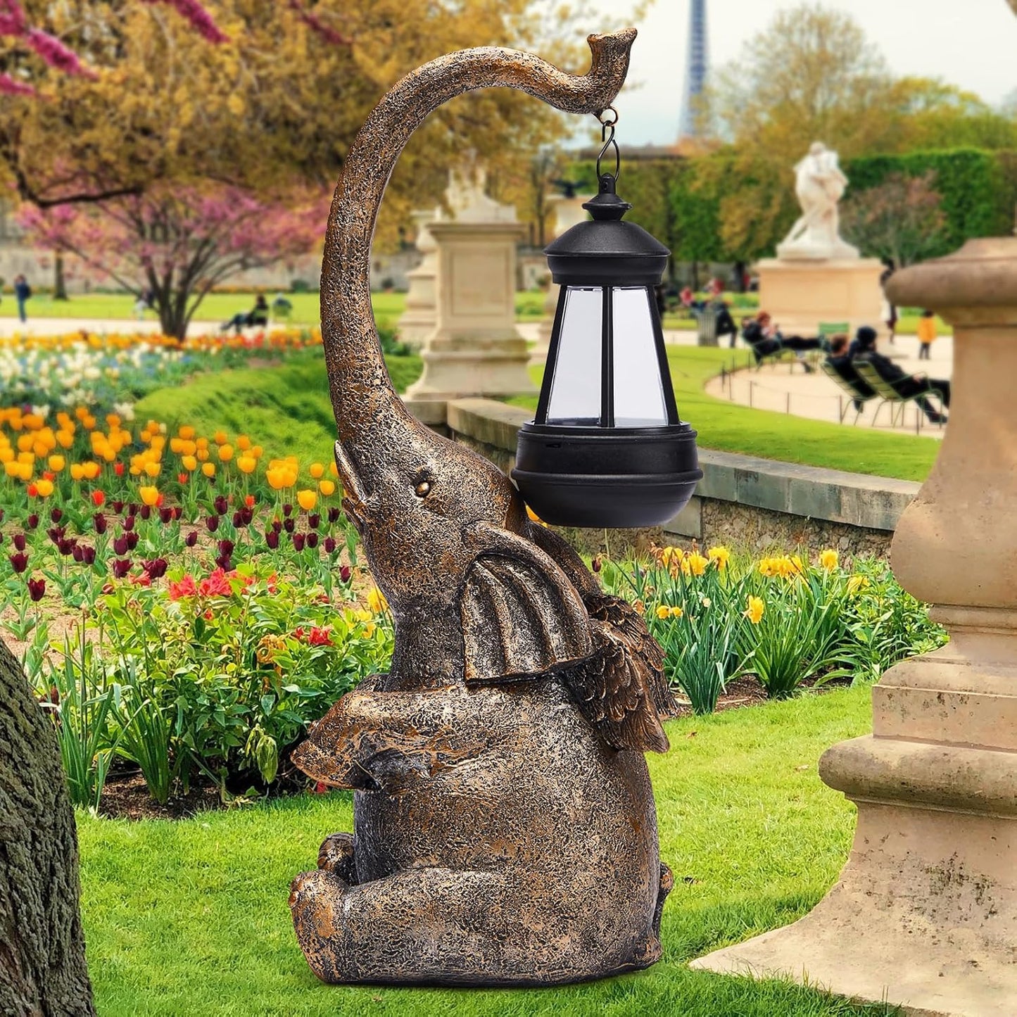Solar Garden Statue 15'' Elephant Figurine Outdoor Decor LED Lights for Outside