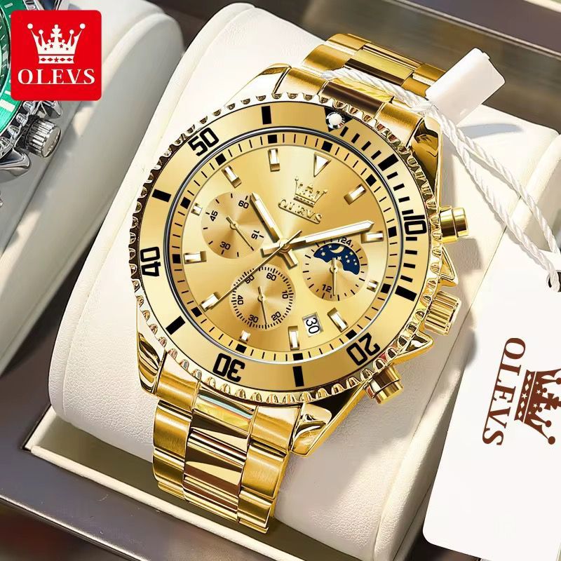OLEVS Chronograph Watch for Men Luxury Gold Stainless Steel Quartz | Gold Tone