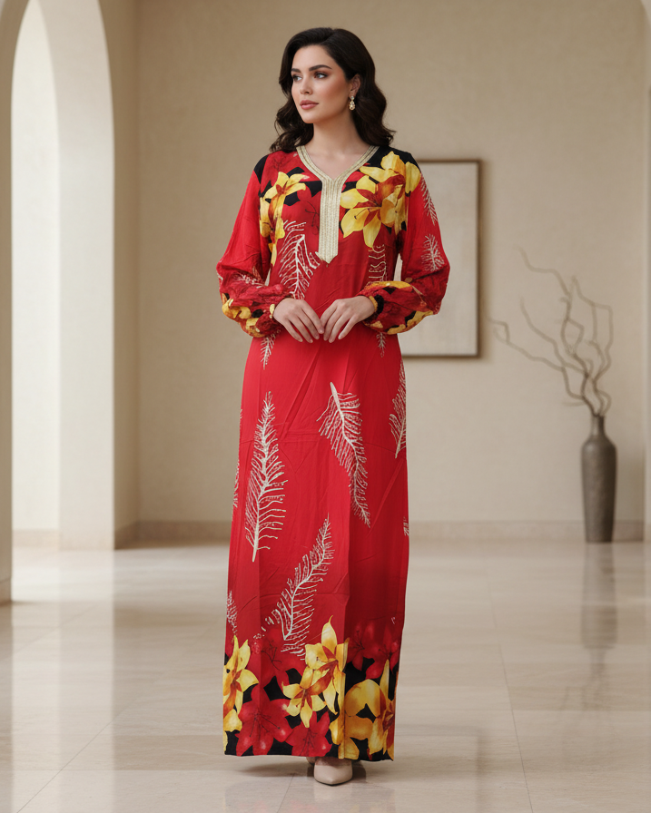 Red Floral Print Jalabiya Maxi Dress for Women – Elegant Modest Wear