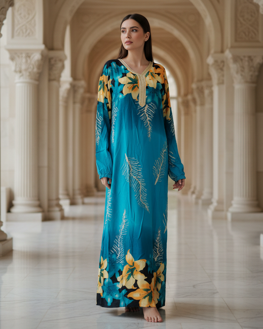 Teal Blue Floral Jalabiya Long Dress – Luxurious Modest Maxi for Women